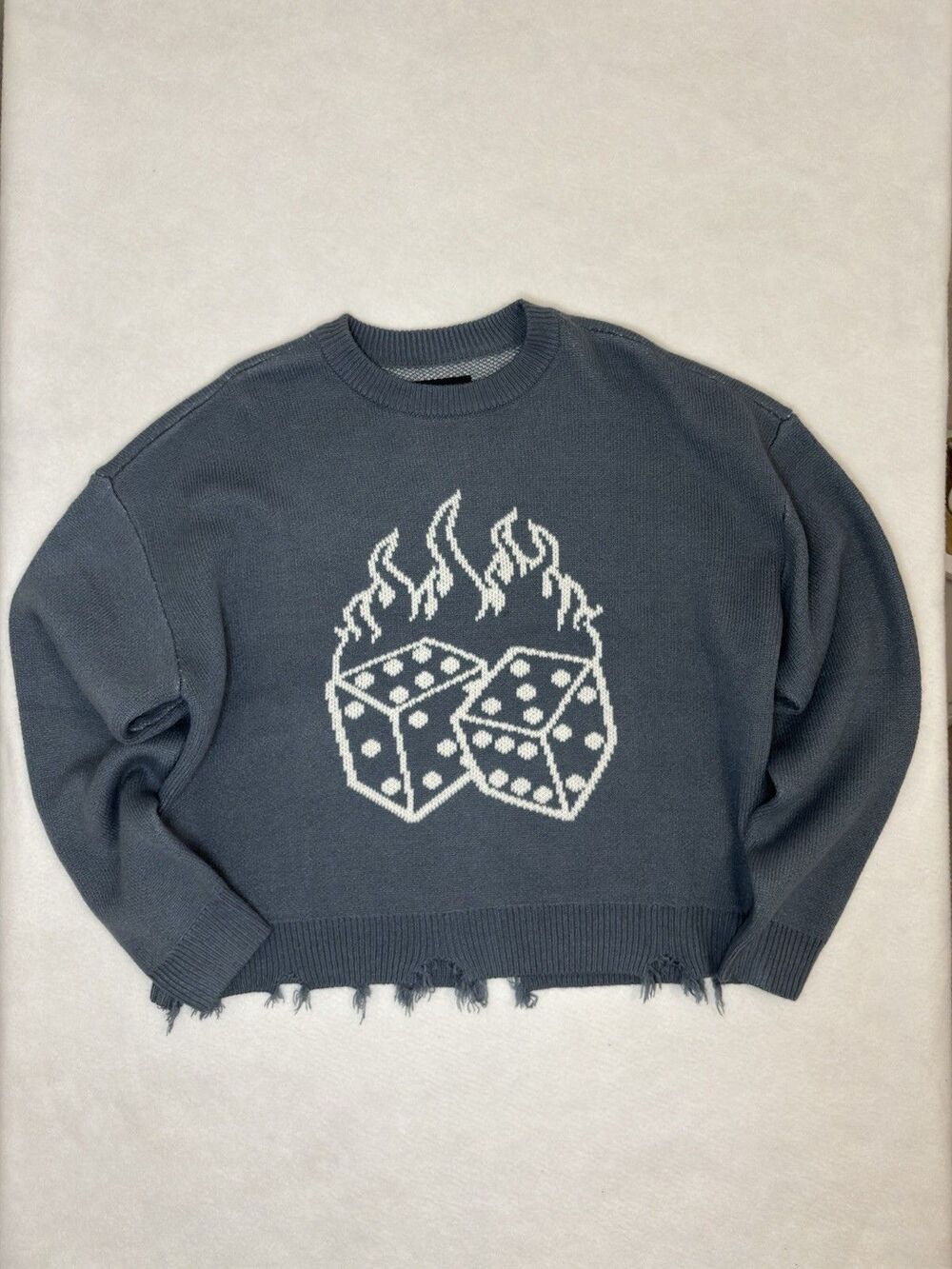 PacSun Flaming Dice Destructed Knit Sweater Blue Grey Grunge Streetwear Men's M